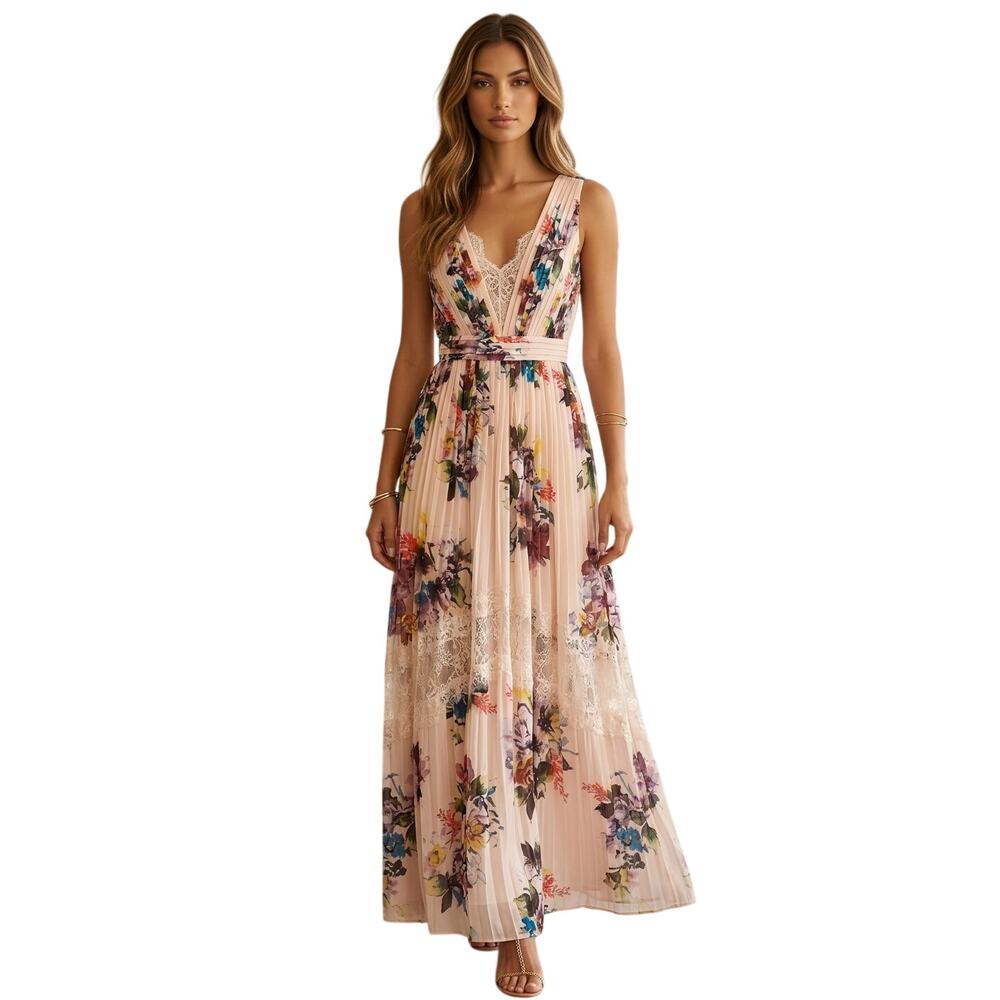 Little Mistress Maxi Dress 6 Light Pink Floral Feminine Romantic Boho Lace Trim - Picture 1 of 12